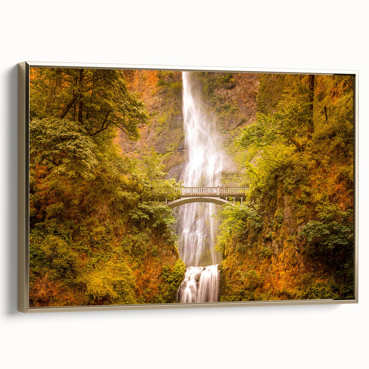 Framed canvas depicting Multnomah Falls in Oregon with a vintage poster style, featuring muted greens and greys.