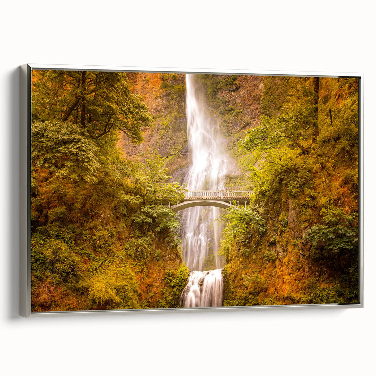 Framed canvas of Multnomah Falls in Oregon, featuring a vintage poster style with a blend of vibrant greens and muted grays.