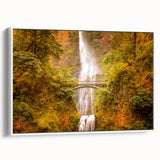 Vintage poster art of Multnomah Falls in Oregon, featuring colorful art on a framed canvas, ideal for living room decor.