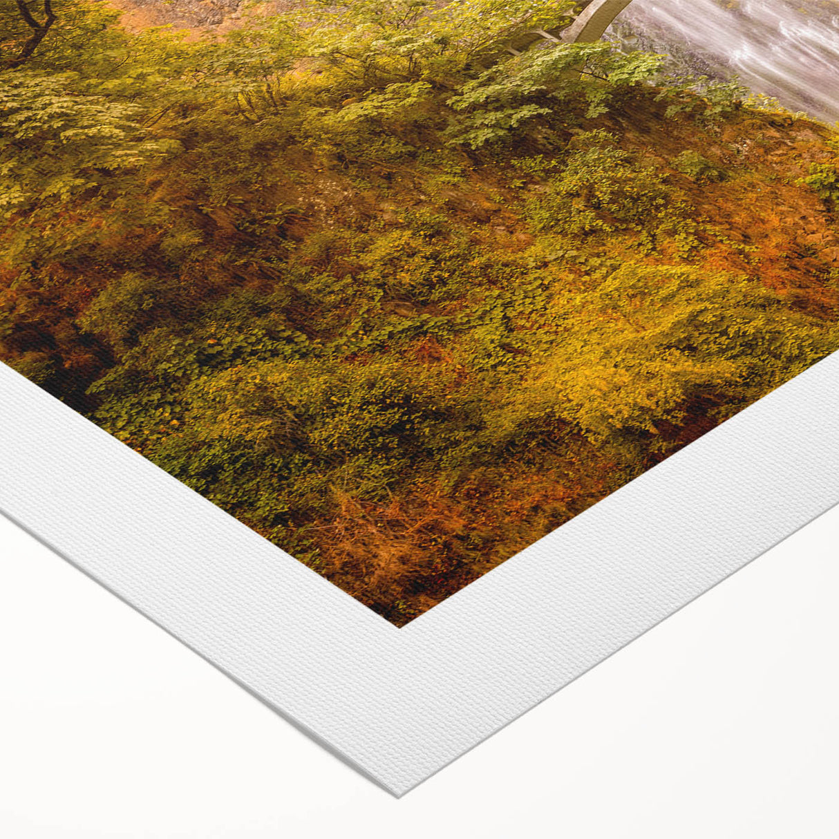 Art deco poster of Multnomah Falls with muted green and blue tones on a rolled canvas, suitable for dining room decor.