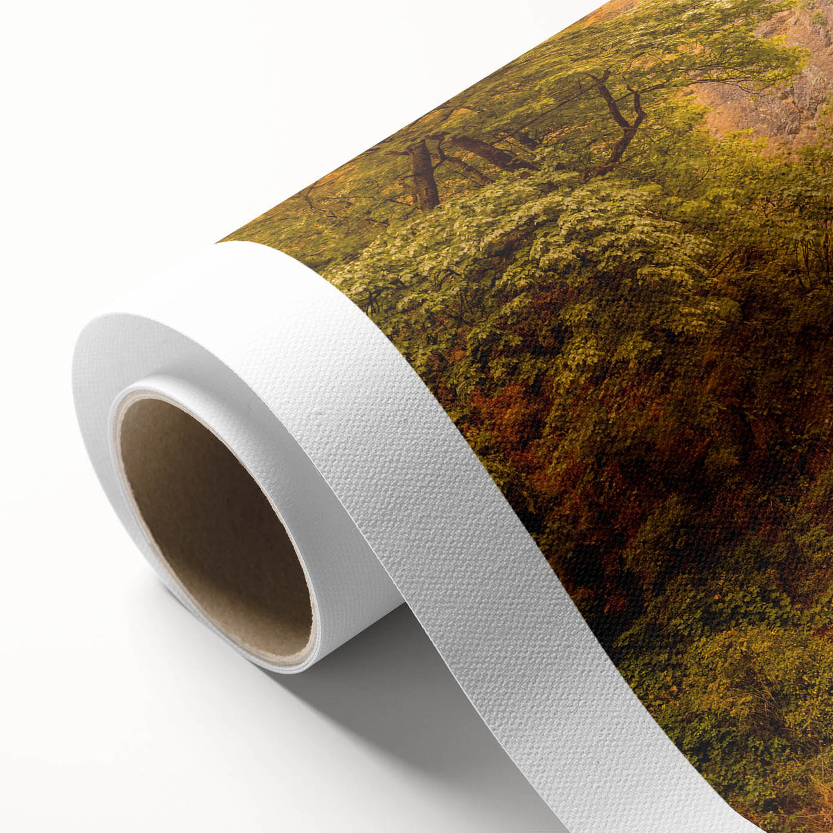 Art deco poster of Multnomah Falls in Oregon, showcasing muted green and blue tones on rolled canvas.