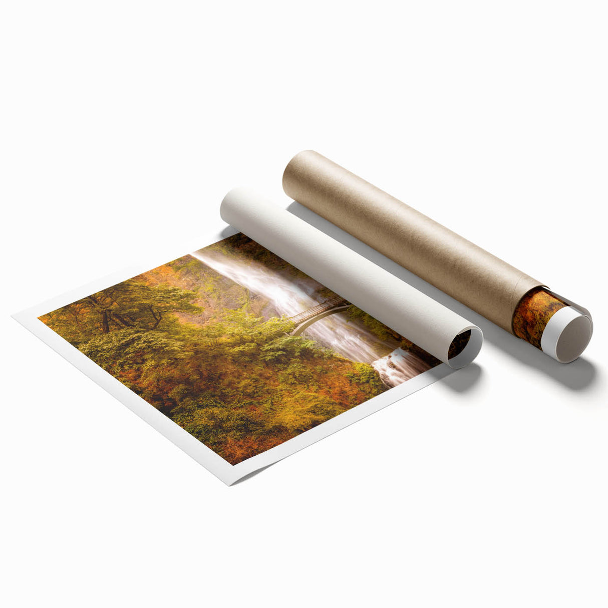 Extra large rolled print of Multnomah Falls with vibrant green and blue tones, ideal for classy bathroom wall art.