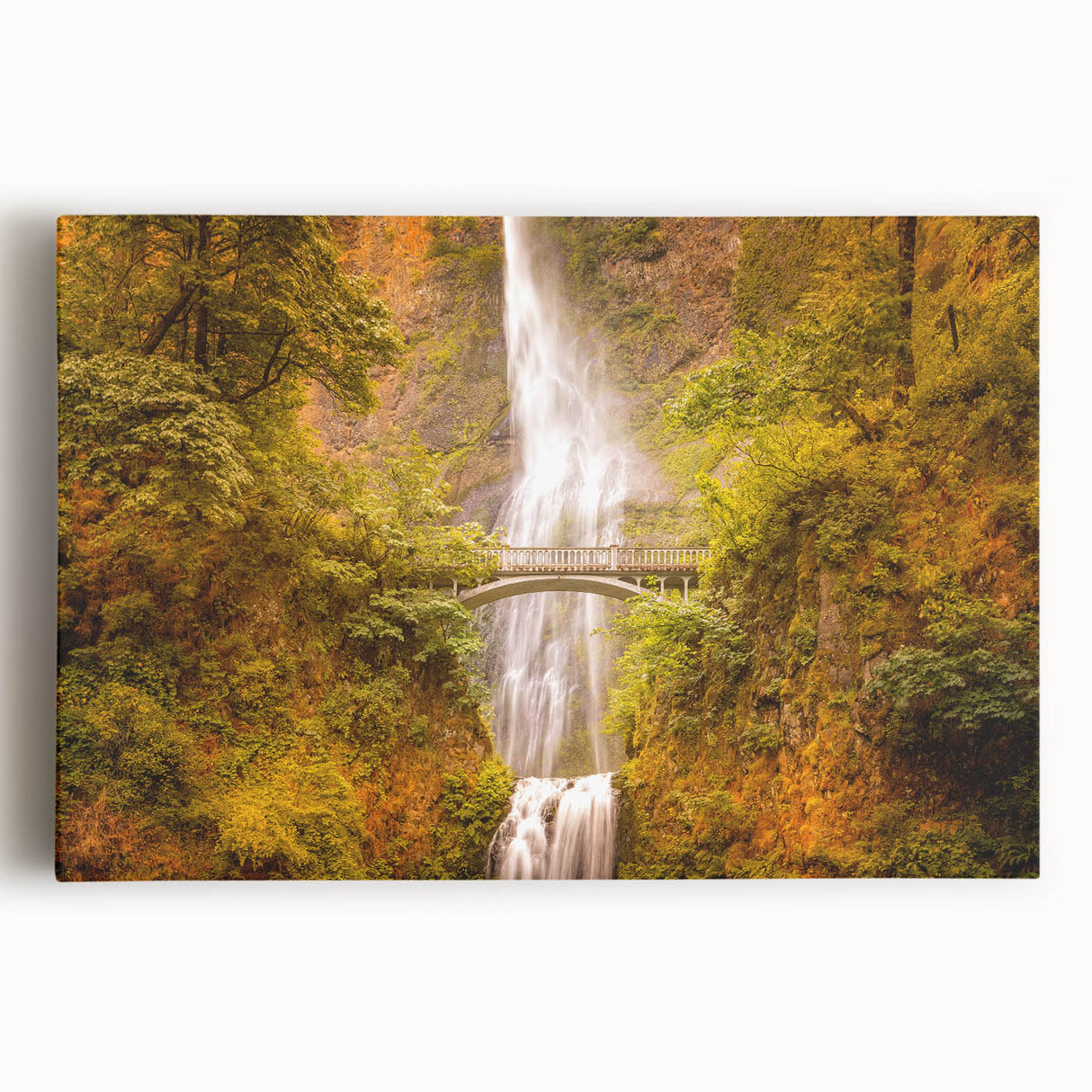 Black and white photo of Multnomah Falls on stretched canvas, ideal for kitchen wall art.