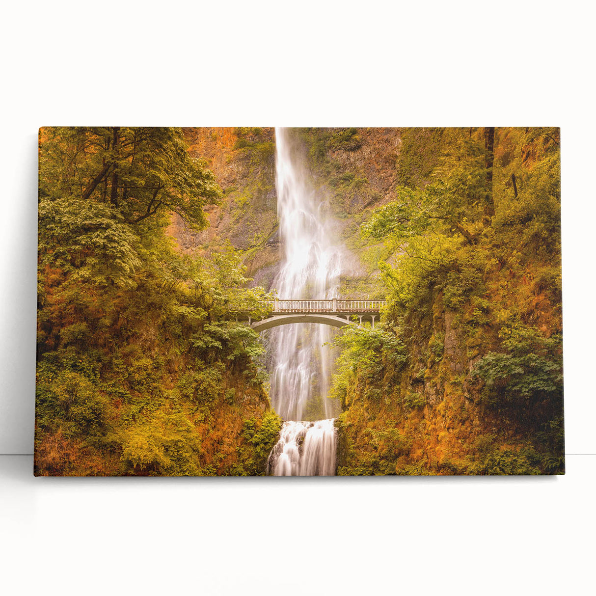 Black and white image of Multnomah Falls on stretched canvas, suitable as kitchen wall art or for a bedroom.