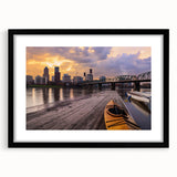 Abstract art print depicting vibrant, colorful scenery of Portland, Oregon on a large, textured canvas.