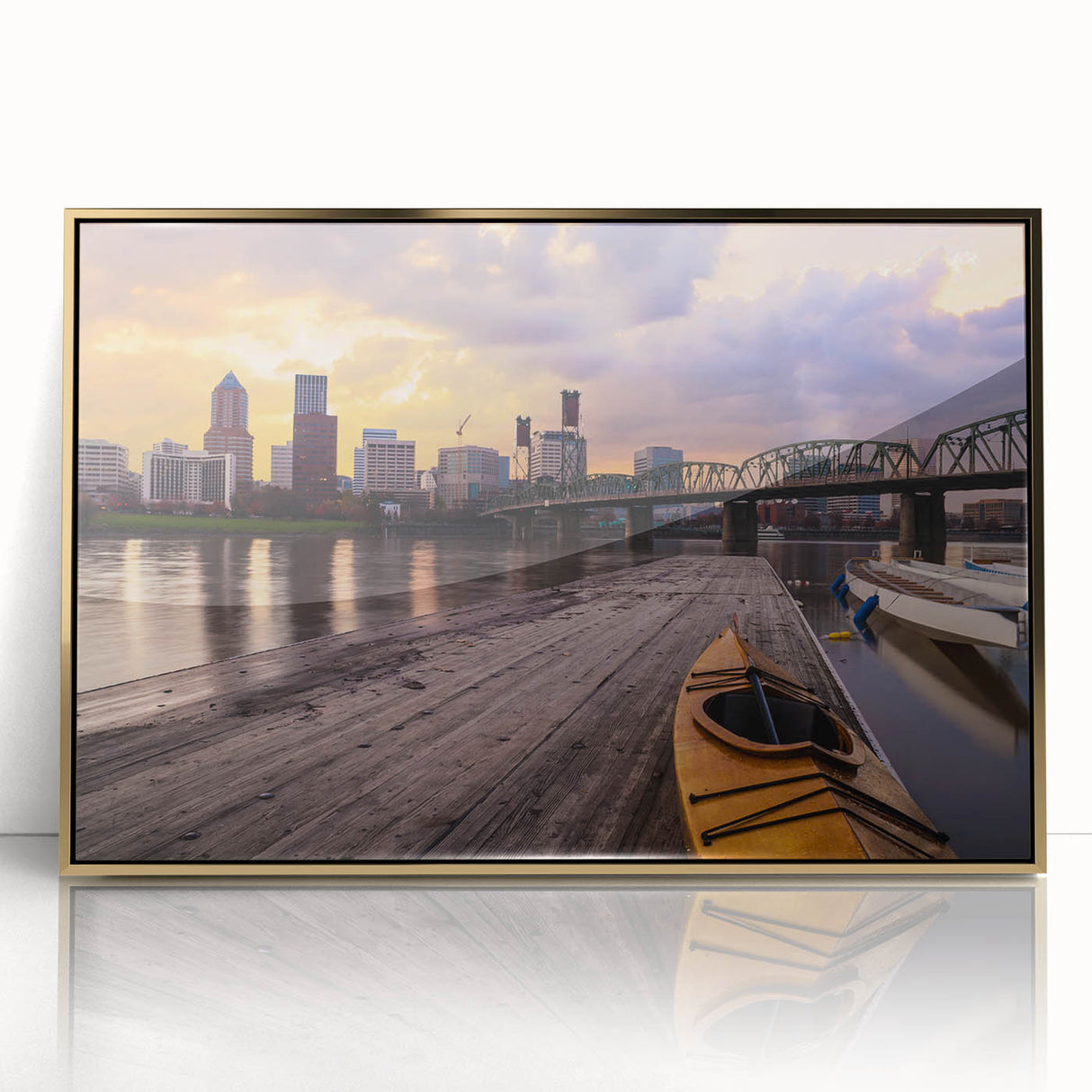 Mid-century modernist Portland, Oregon skyline in muted gold and blue tones on a framed acrylic print.
