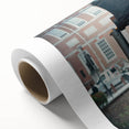 Art deco poster of Philadelphia skyline in muted blue and cream tones on rolled canvas, ideal for nursery wall art.