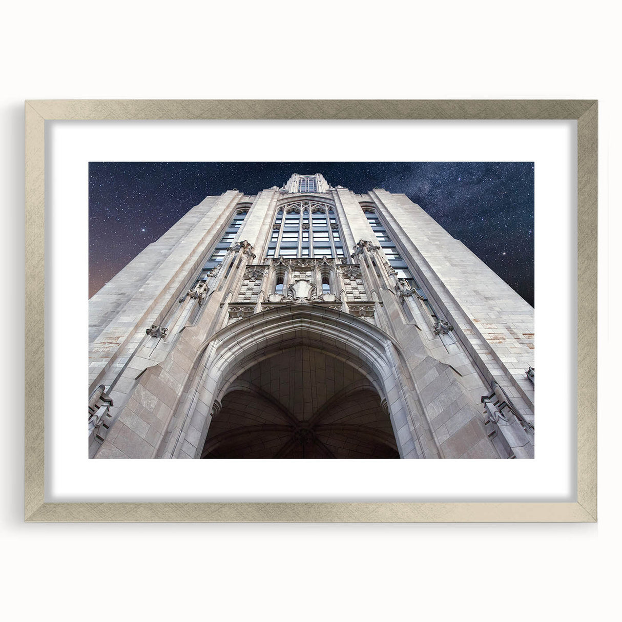 Textured abstract art print of Pittsburgh skyline in muted blue and gray tones on a framed silver mat.