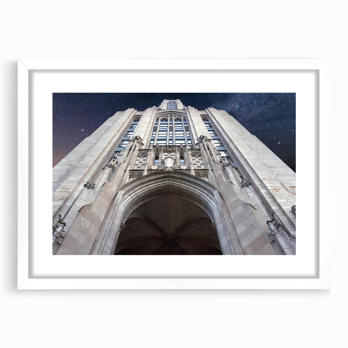Abstract art print of Pittsburgh skyline in muted gray and blue tones on a framed white mat, suitable for dining room decor.