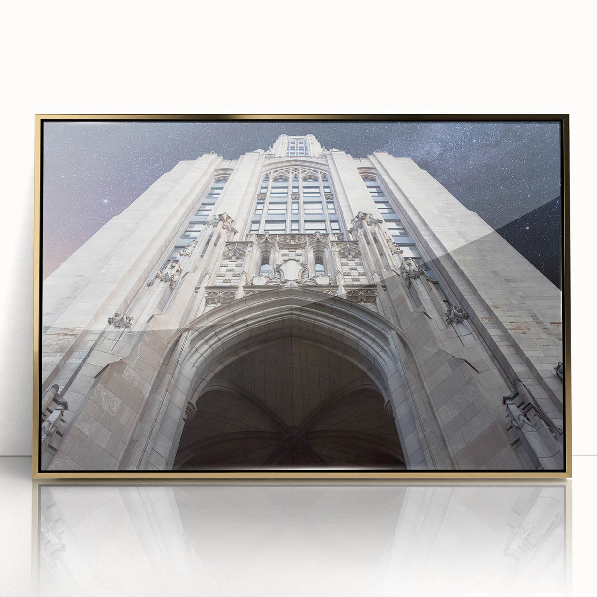 Mid-century modernist art of Pittsburgh skyline in gold and black tones on framed acrylic.