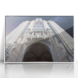 Art deco poster of Pittsburgh skyline in muted blue tones on a framed acrylic, ideal for modern art wall decor.