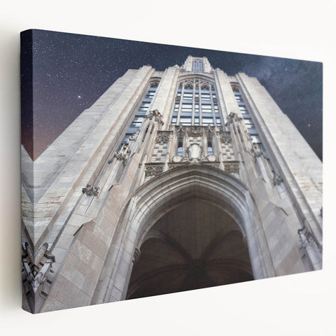 Panoramic view of Pittsburgh skyline in muted blue and gray tones on stretched canvas, suitable for kitchen wall art.