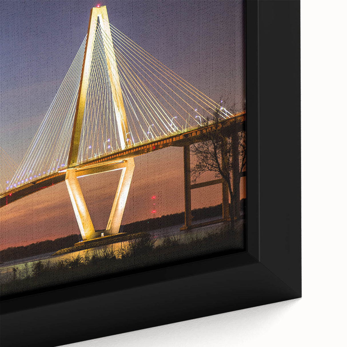 Framed canvas of Charleston, South Carolina scenery in black with colorful, textured accents, ideal for living room decor.