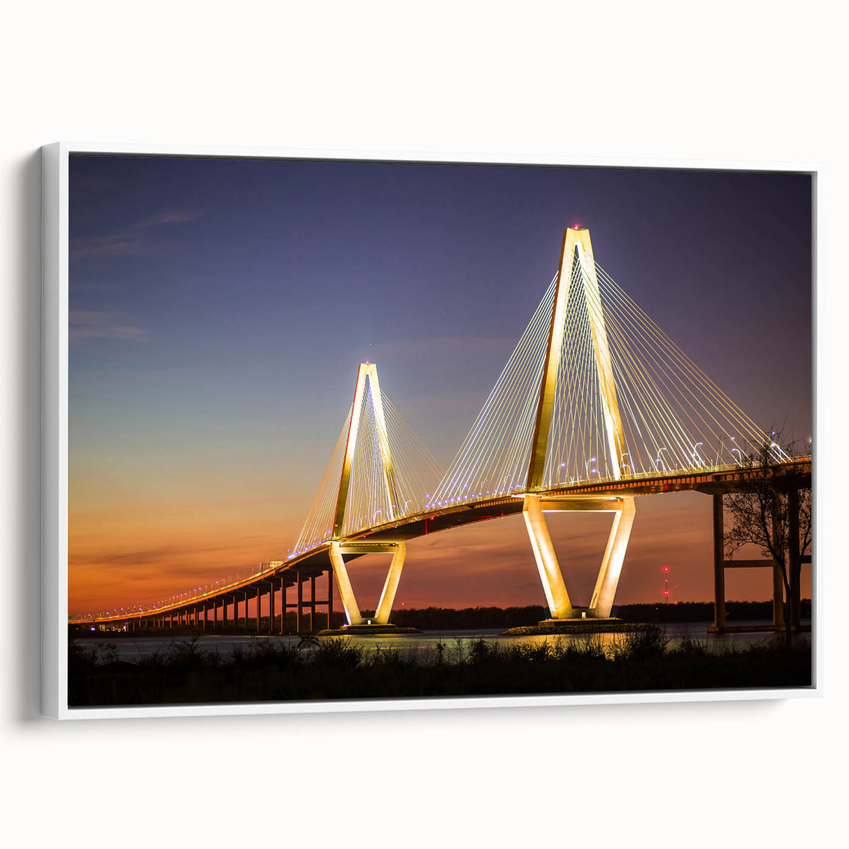 Vintage poster art of Charleston, South Carolina on a framed canvas, featuring colorful buildings against a black background.