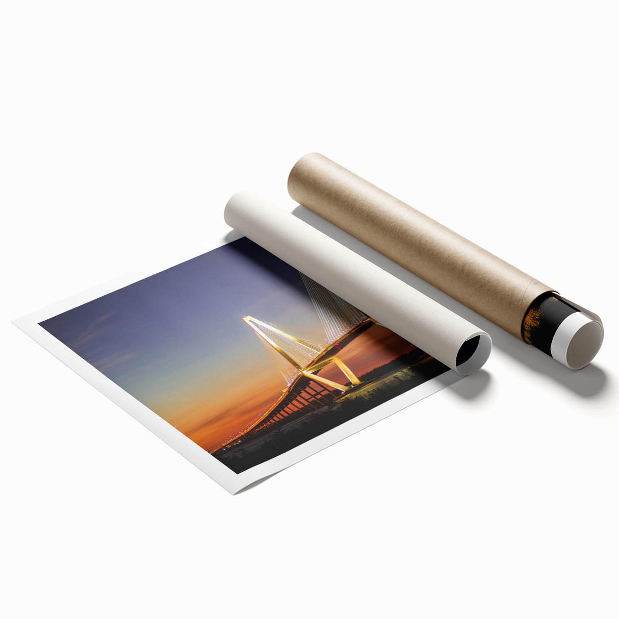 Rolled print of Charleston scenery with floral elements in soft pastel colors, suitable for classy bathroom wall art.