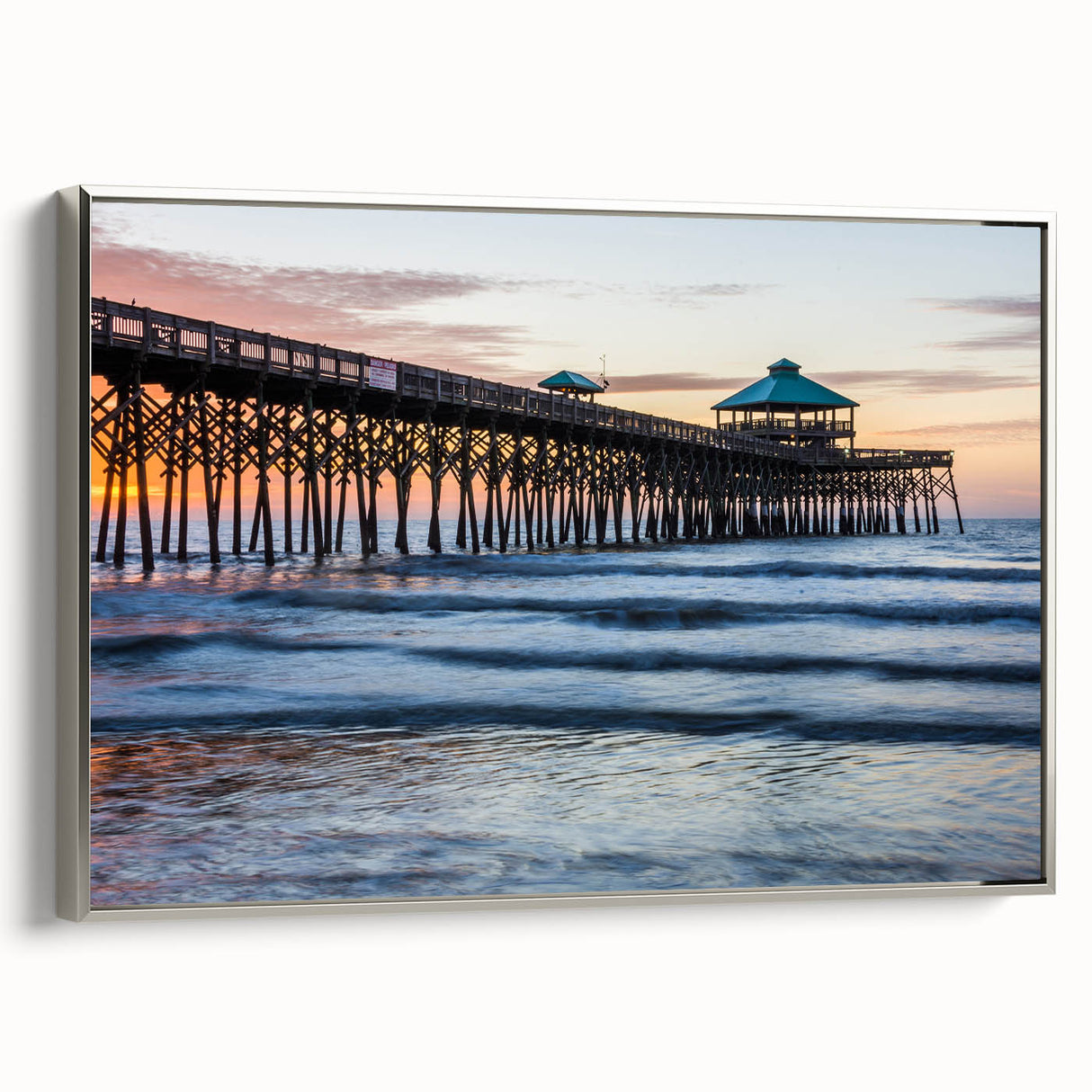 Framed canvas featuring a vintage South Carolina landscape in muted blues and greens, ideal for living room decor.