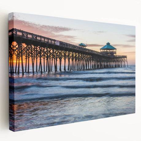 Stretched canvas featuring a serene South Carolina landscape in soft blue and green hues, suitable for kitchen wall art.