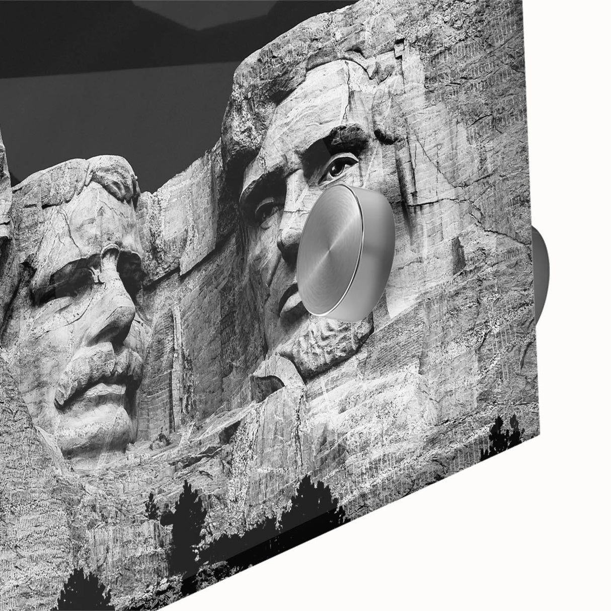 Close-up acrylic print of Mt. Rushmore with soft gray tones, ideal for dining room art in a mid-century modernist style.