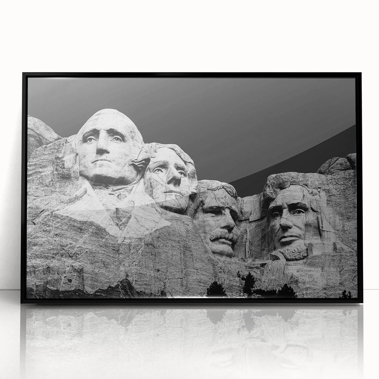 Acrylic print of Mt. Rushmore in black frame, featuring muted gray tones, ideal for modern art wall decor.