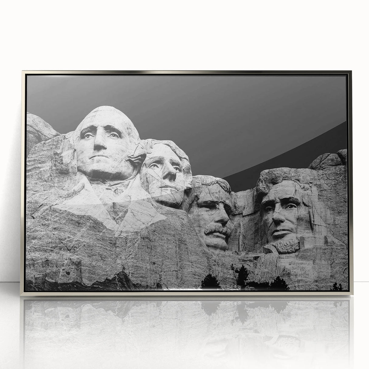 Mid-century modernist art of Mt. Rushmore in muted tones on a framed acrylic, suitable for modern art wall decor.