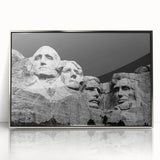 Mid-century modernist art of Mt. Rushmore in muted tones on a framed acrylic, suitable for modern art wall decor.