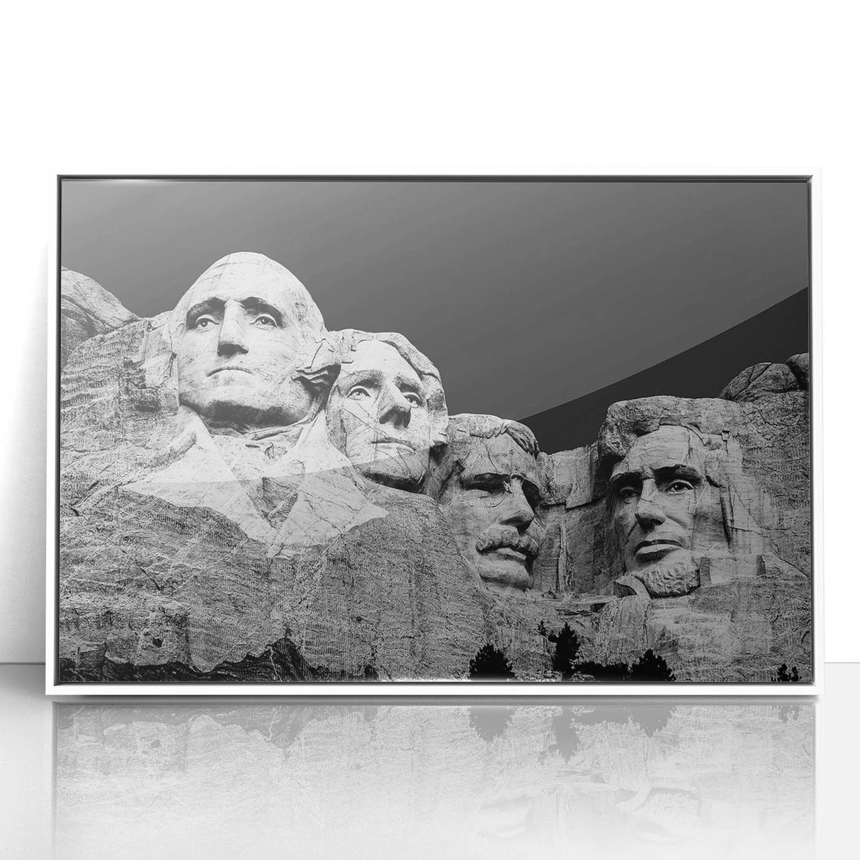 Acrylic print of Mt. Rushmore in a minimalist style with a white frame, suited for modern art wall decor.