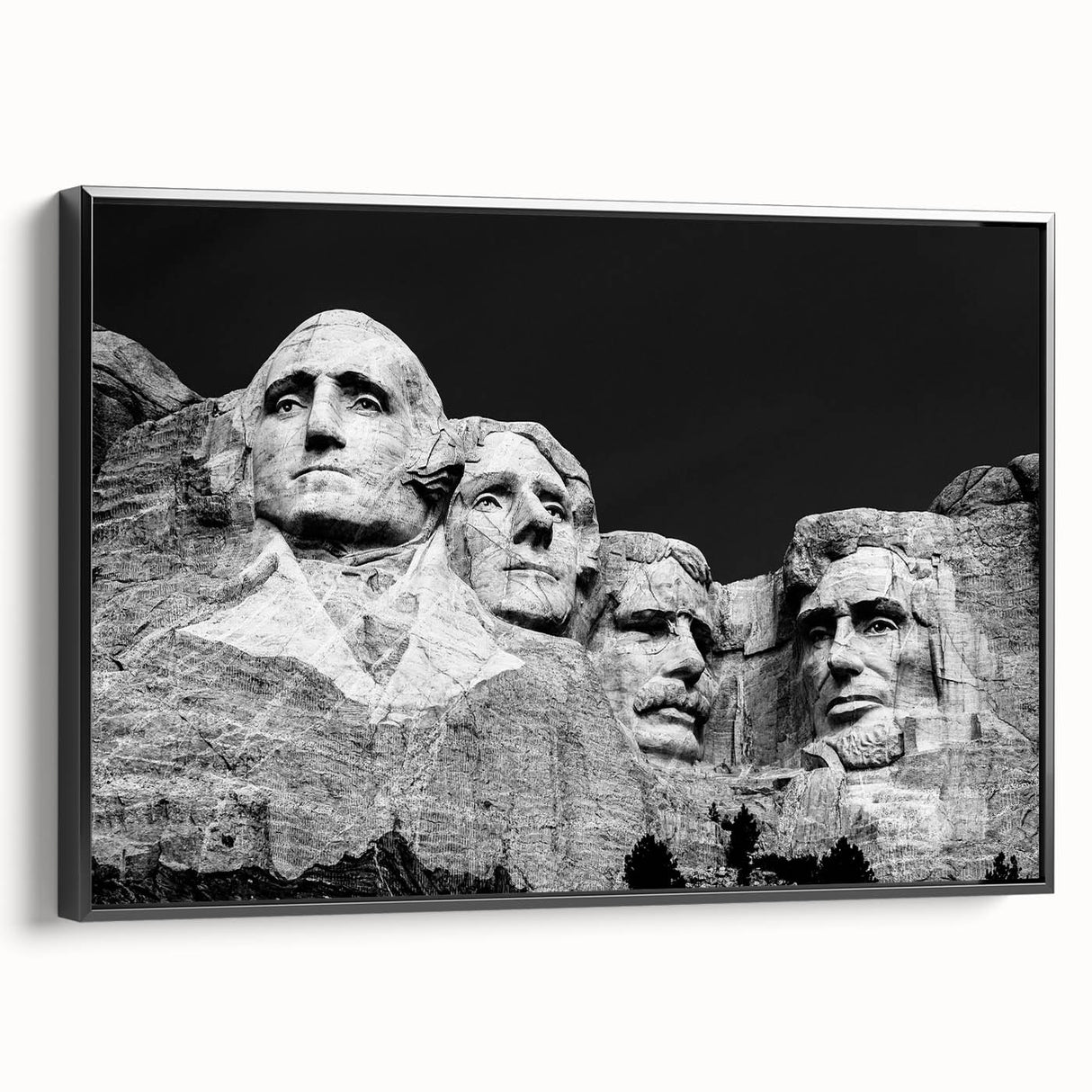 Black and white framed canvas of Mt. Rushmore, ideal for bedroom wall art in a vintage poster style.