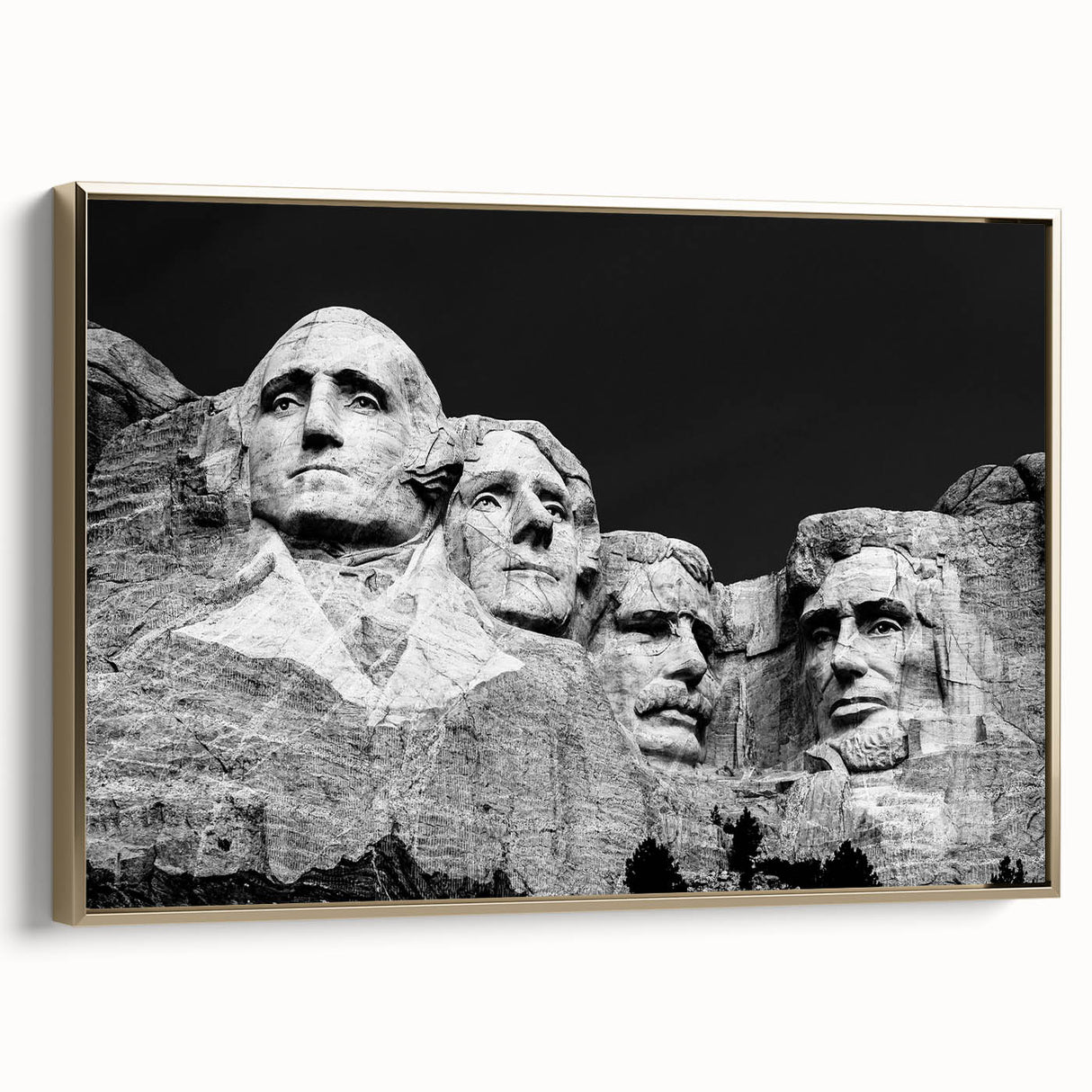 Wall art of Mt. Rushmore in muted gold tones, vintage poster style, framed canvas, ideal for bedroom decor.