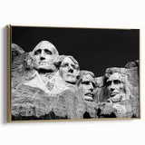 Wall art of Mt. Rushmore in muted gold tones, vintage poster style, framed canvas, ideal for bedroom decor.