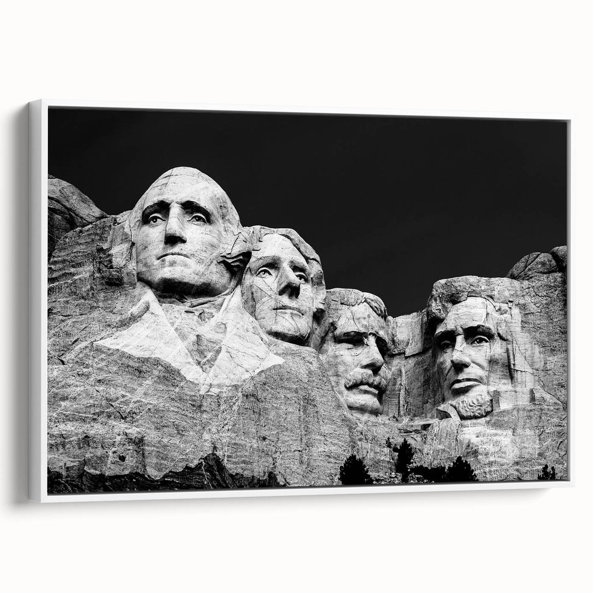 Vintage poster art of Mt. Rushmore in muted earth tones on a large framed canvas, ideal for living room decor.