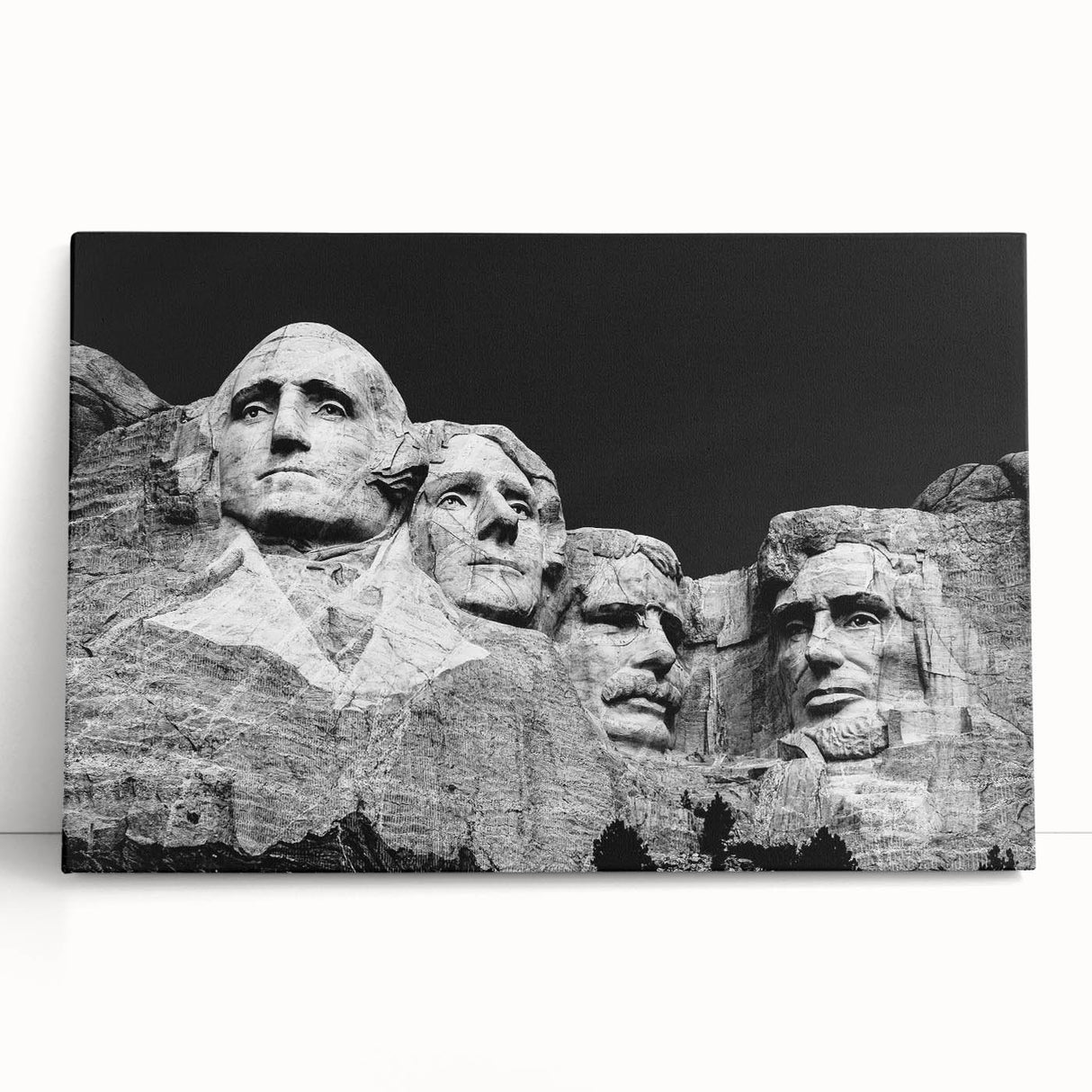 Black and white stretched canvas of Mt. Rushmore, ideal for kitchen wall art or bedroom decor.