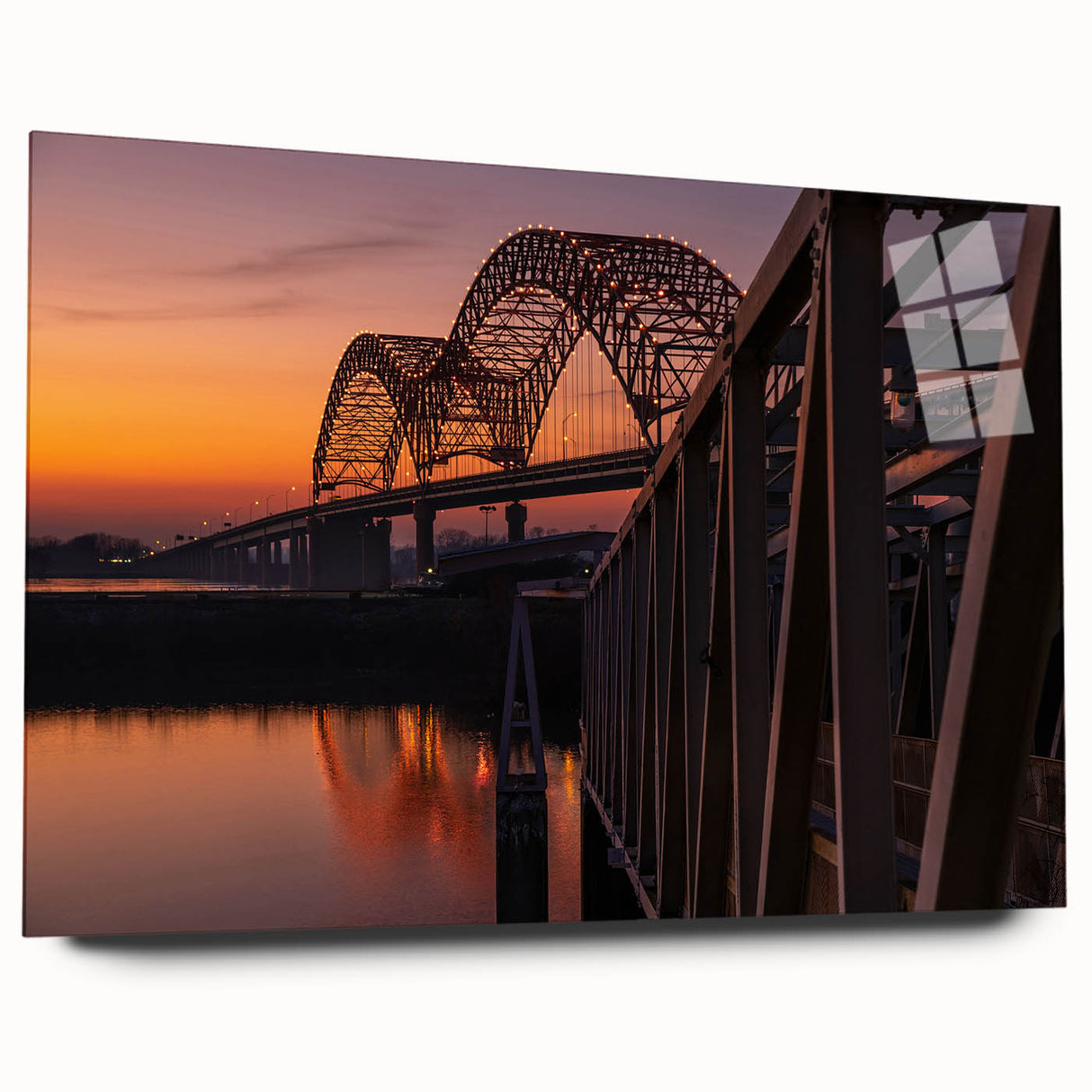 Large abstract wall art of Memphis scenery in muted blue and orange tones on acrylic glass.