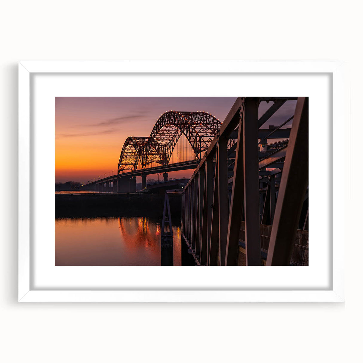 Abstract art print of Memphis skyline in muted blue and gray tones on a framed white canvas, suitable for dining room decor.