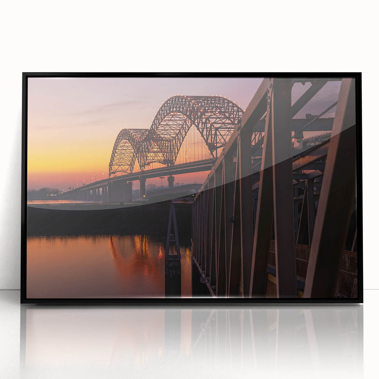 Large abstract wall art depicting Memphis scenery in mid-century modernist style, framed in black acrylic.