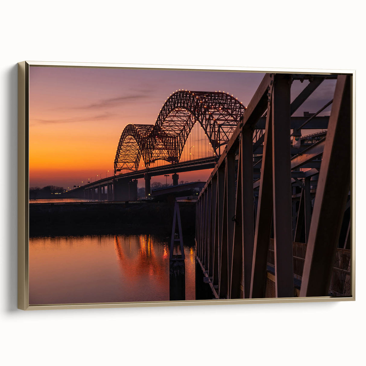 Framed canvas of a vintage Memphis landscape in black with gold accents, ideal for bedroom wall art.