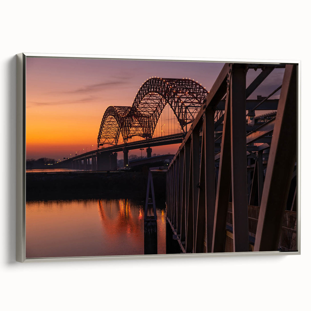 Framed canvas of a Memphis, Tennessee landscape with vibrant colors on a black background, suitable for living room decor.