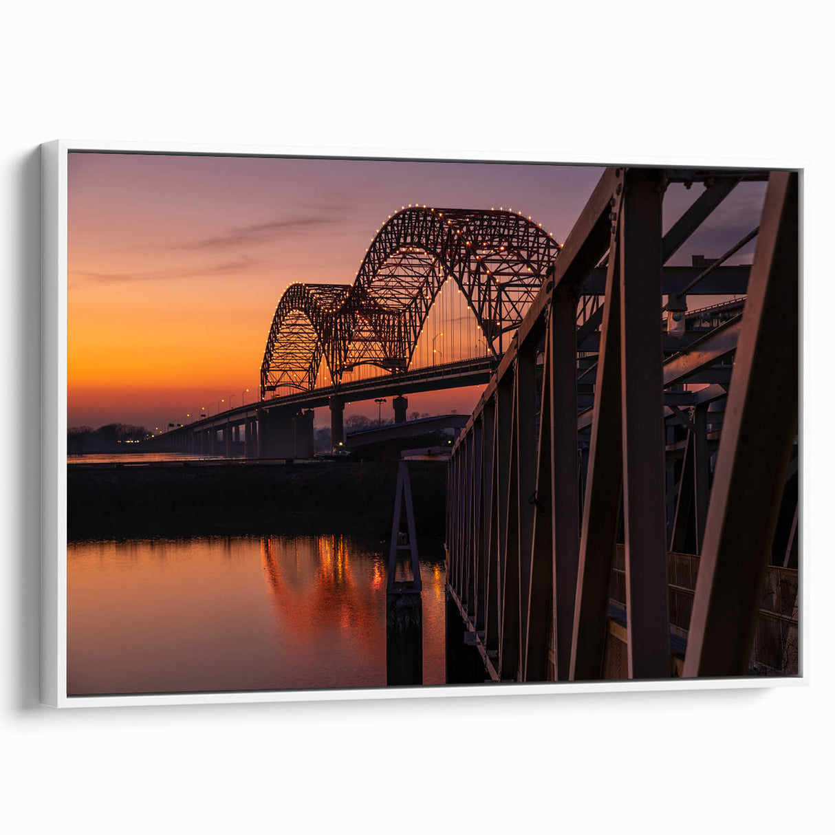 Vintage poster art of Memphis landscape on large framed canvas, featuring colorful art on a black background.