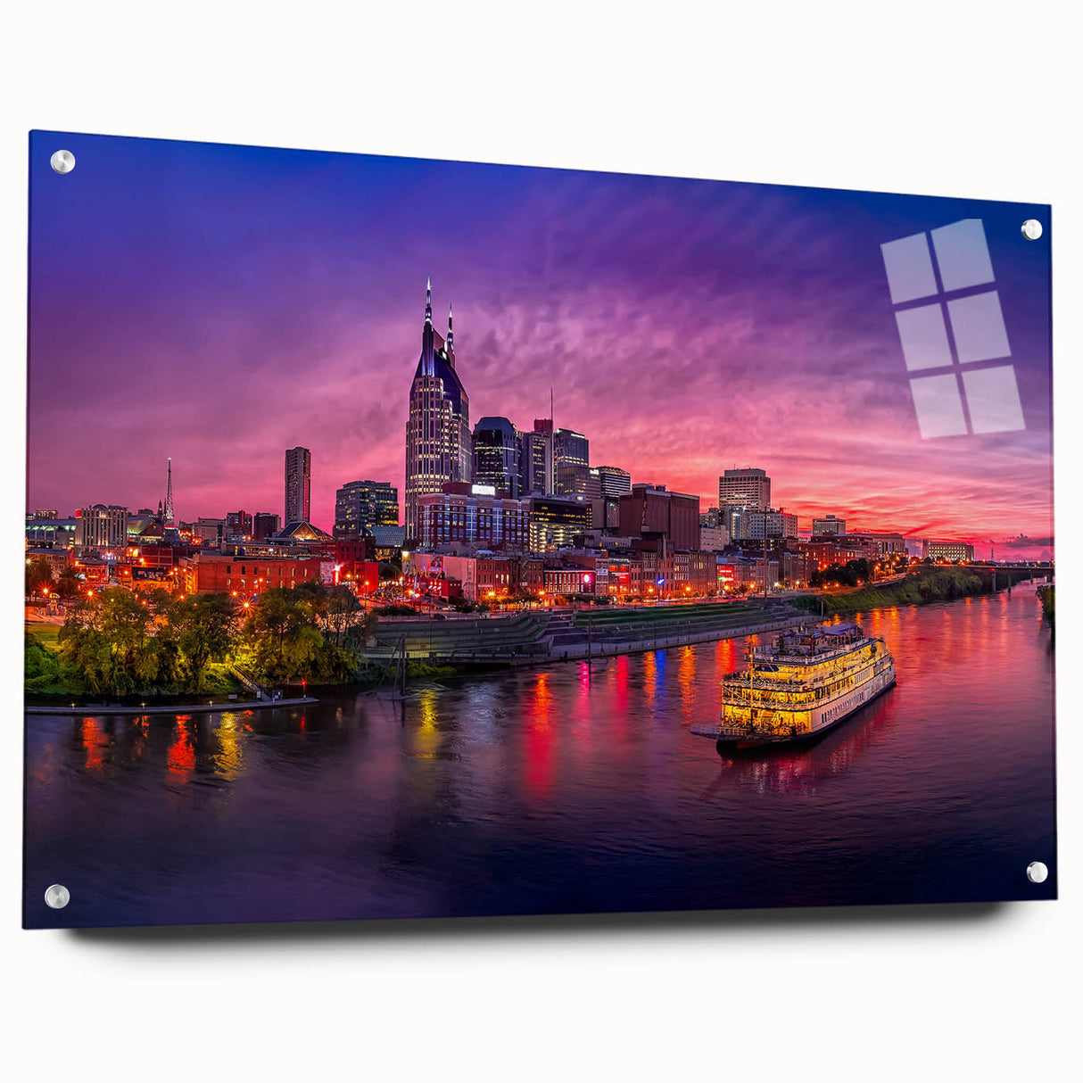 Acrylic glass print of Nashville skyline in muted blue and gray tones, suitable for bedroom or dining room decor.