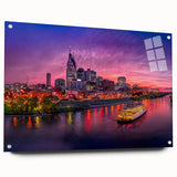 Acrylic glass print of Nashville skyline in muted blue and gray tones, suitable for bedroom or dining room decor.