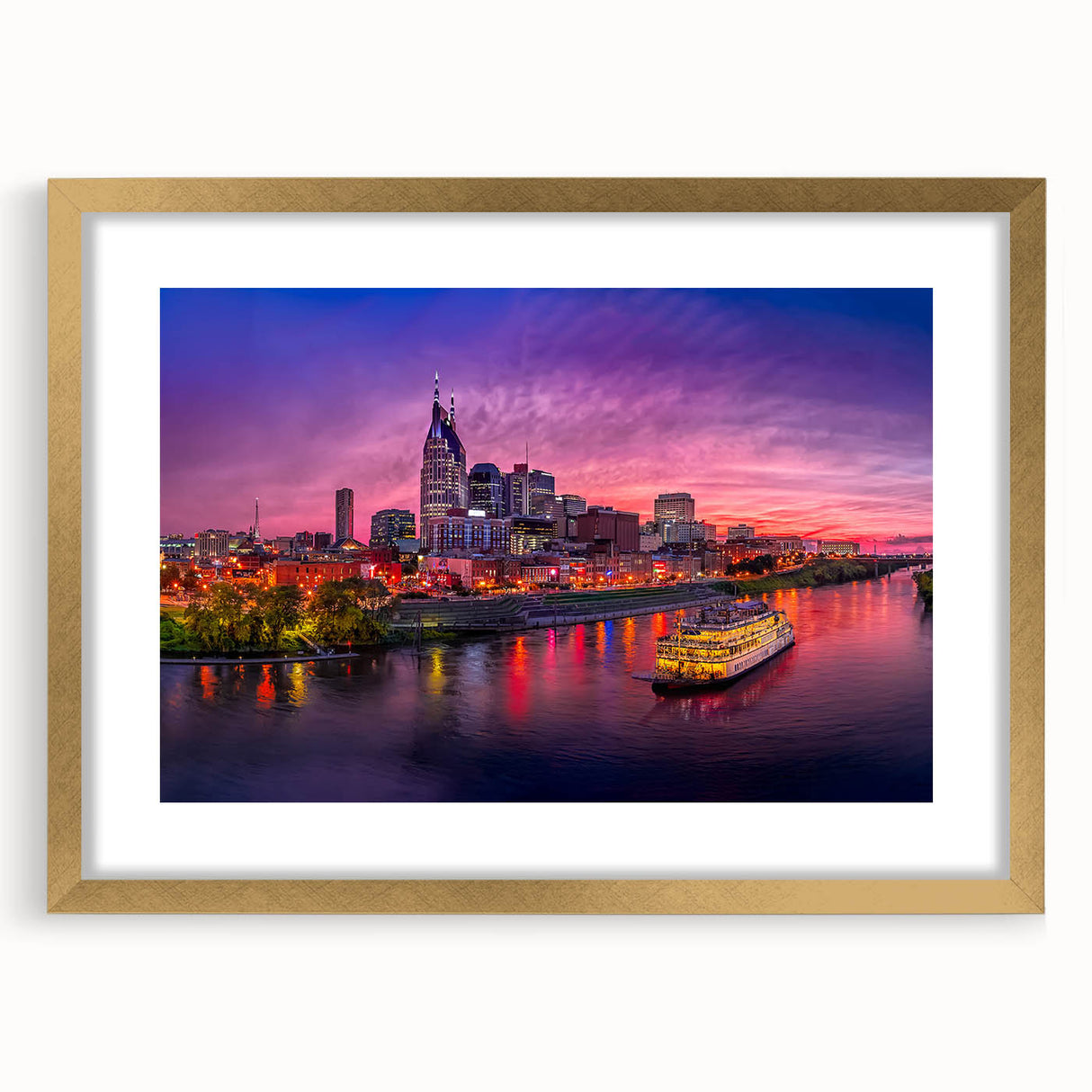 Extra large abstract art print of Nashville skyline in textured gold frame, ideal for living room decor.