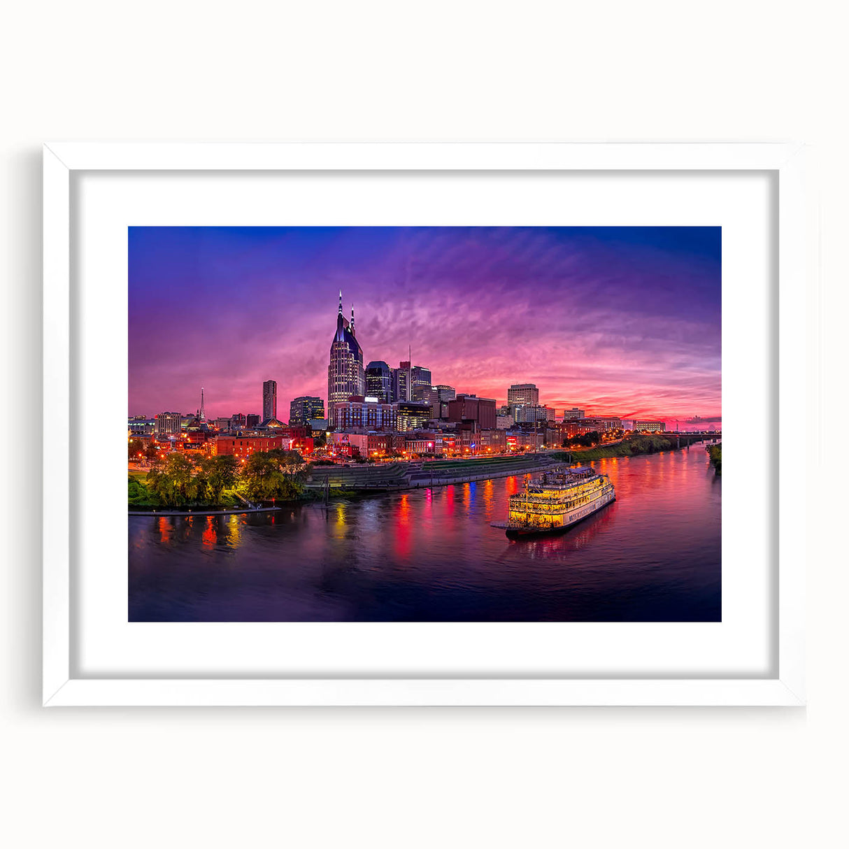 Abstract art print of Nashville skyline in muted gray and blue tones on a framed white mat, ideal for dining room decor.