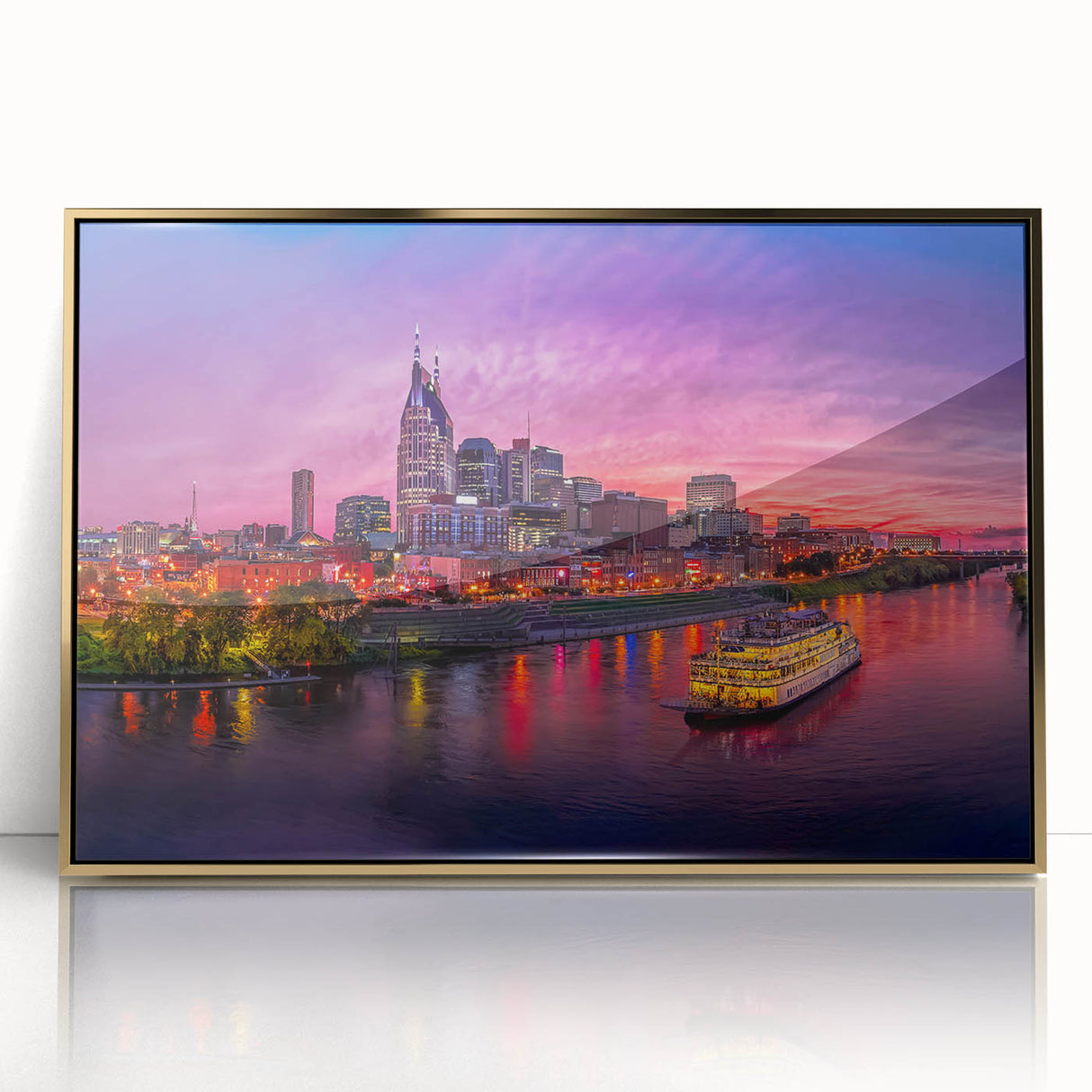 Mid-century modernist Nashville skyline in muted gold tones on a framed acrylic, suitable for modern art wall decor.