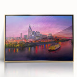 Mid-century modernist Nashville skyline in muted gold tones on a framed acrylic, suitable for modern art wall decor.
