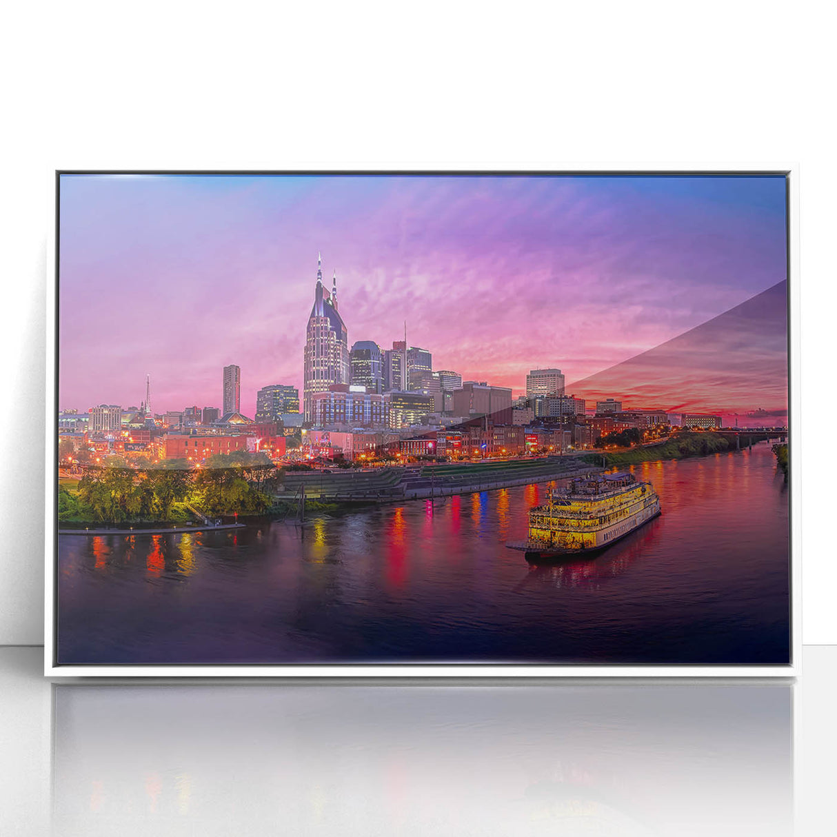 Acrylic print of Nashville skyline in art deco style with a muted color palette, ideal for modern bedroom ambiance.