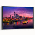 Black and white framed canvas of Nashville skyline, featuring vintage poster style, ideal for bedroom wall decor.