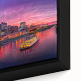 Framed canvas of Nashville skyline in textured black with colorful accents, ideal for large living room walls.