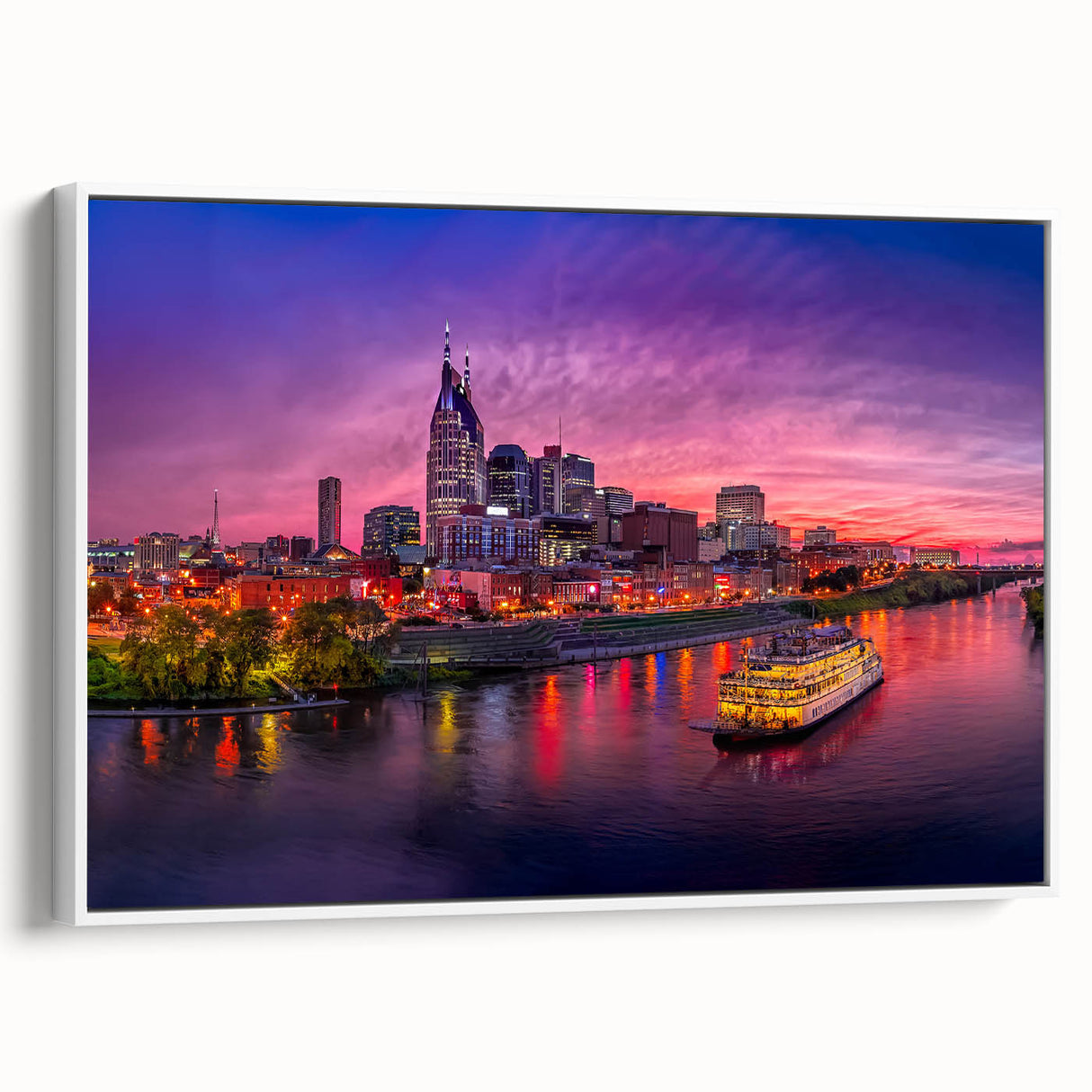 Vintage poster art of Nashville skyline in colorful hues on a large framed canvas, suitable for living room decor.