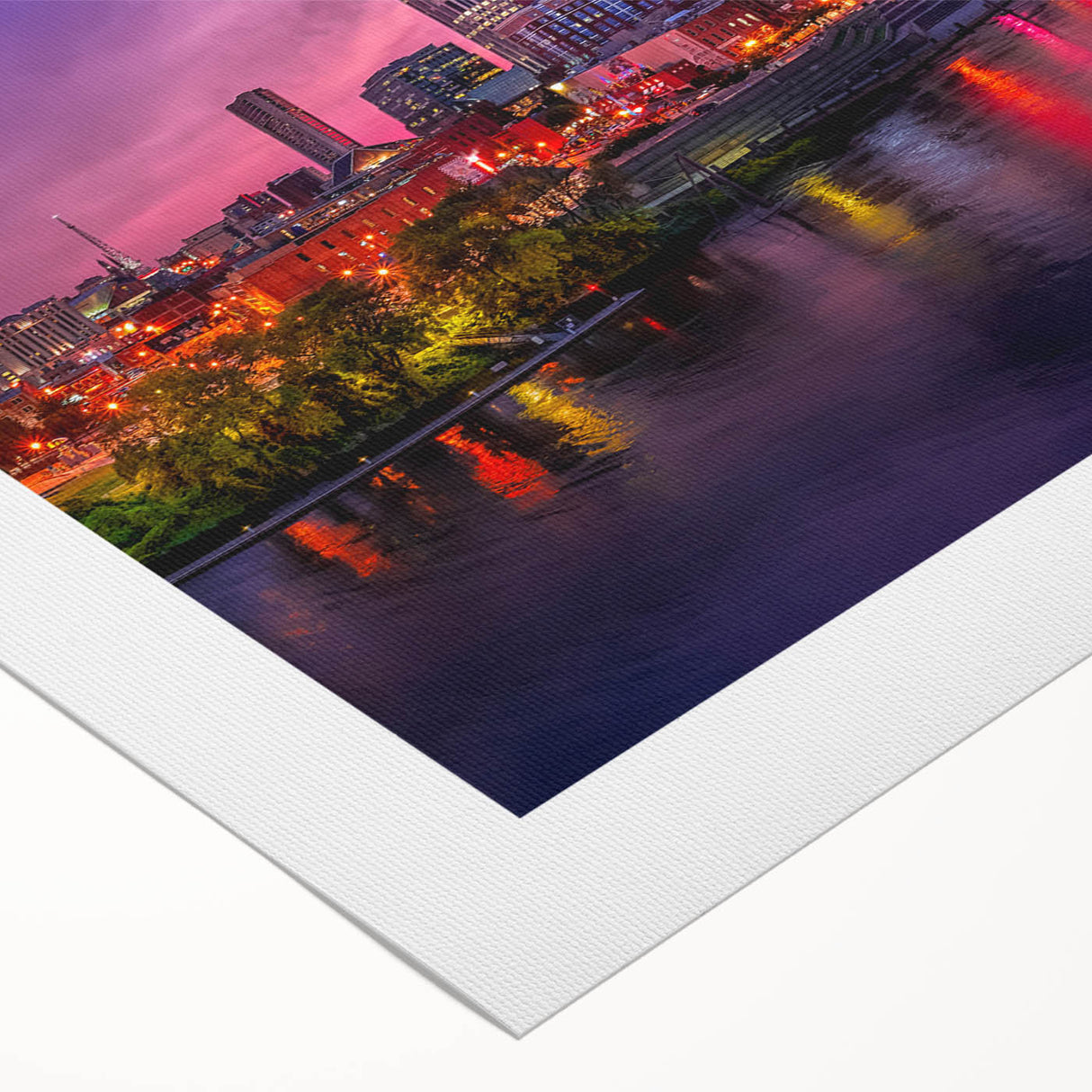 Art deco poster of Nashville skyline in muted earth tones on rolled canvas, suitable for dining room wall art.