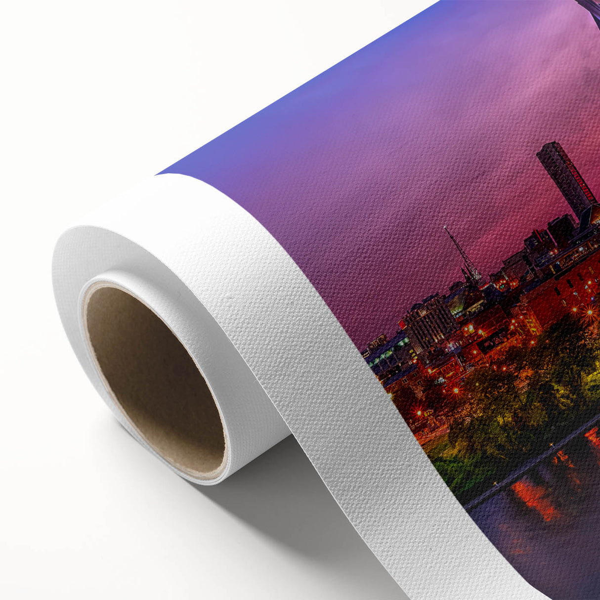 Art deco poster of Nashville skyline in pastel shades on rolled canvas, ideal for nursery wall art.