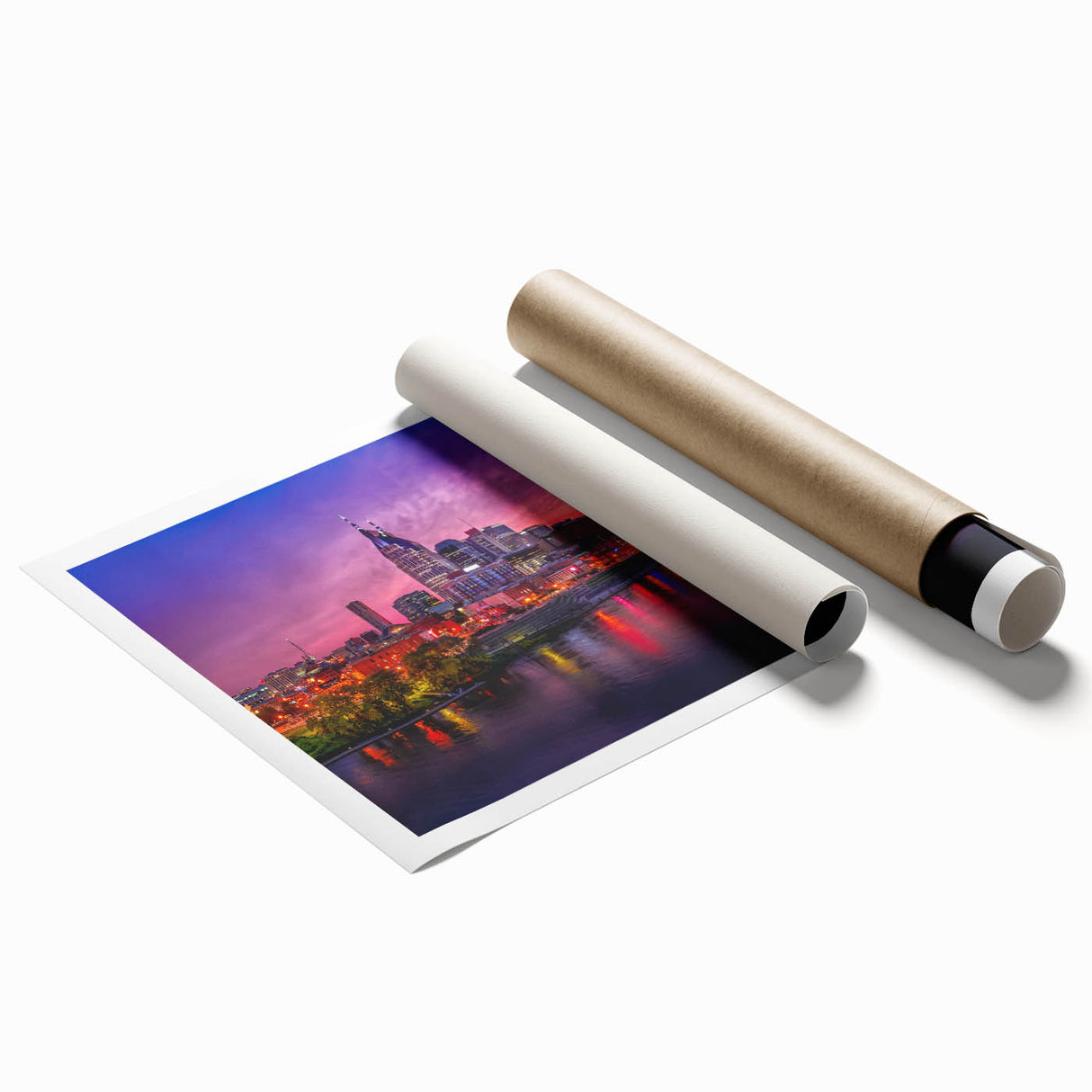 Extra large rolled print of Nashville skyline in muted gray and blue tones, suitable as large living room wall art.